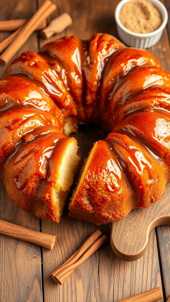 Sourdough Monkey Bread Recipe Golden-brown monkey bread drizzled with glaze, served on a wooden table with cinnamon sticks.